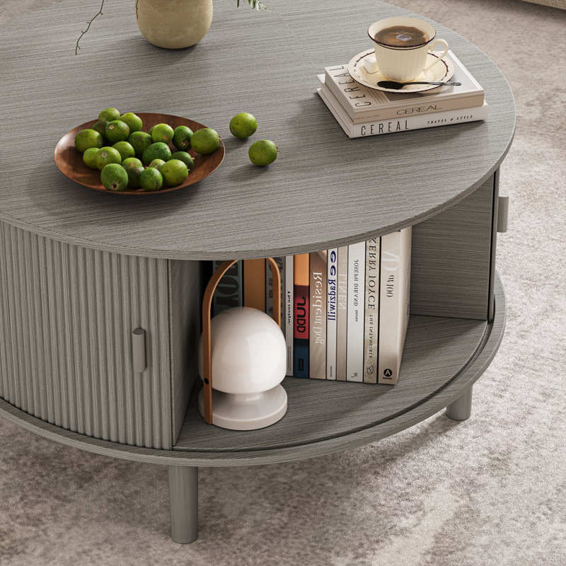 Table basse ronde avec rangement, 78 cm (30,7 po), moulure cannelée, porte coulissante, grise, Gris