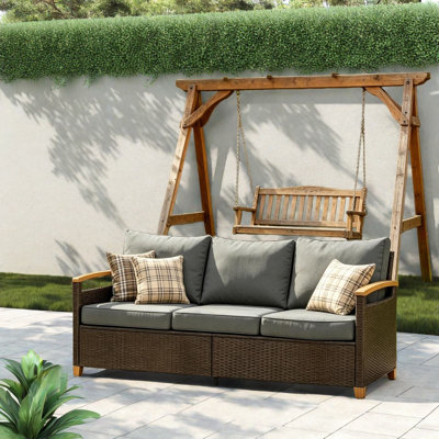 Spacious Patio Sofas, Wicker Steel 3 Seat Modern Wood Look Porch Home