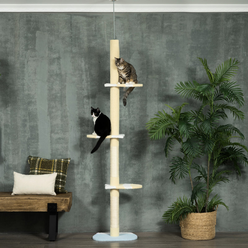 Arbre à chat à griffer, du sol au plafond, réglable de 87 à 103 pouces, avec plateformes et poteaux, jaune, pour chats d'intérieur, 4 pouces de haut, résistant.