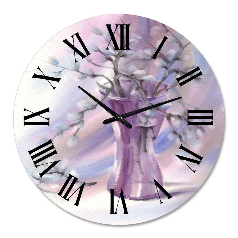Branches de saule dans un vase en verre violet - horloge murale, Médium