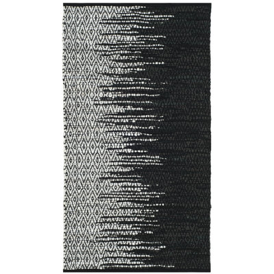 Exley Vintage Leather Hand Woven Leather/Cotton Geometric Rug in Light Grey/Black