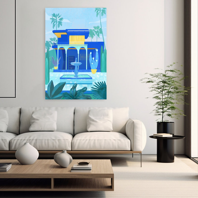 Art contemporain, paysage paisible, paisible, serein, palmier, cactus, architecture, paysage, H 60 po x l 40 po