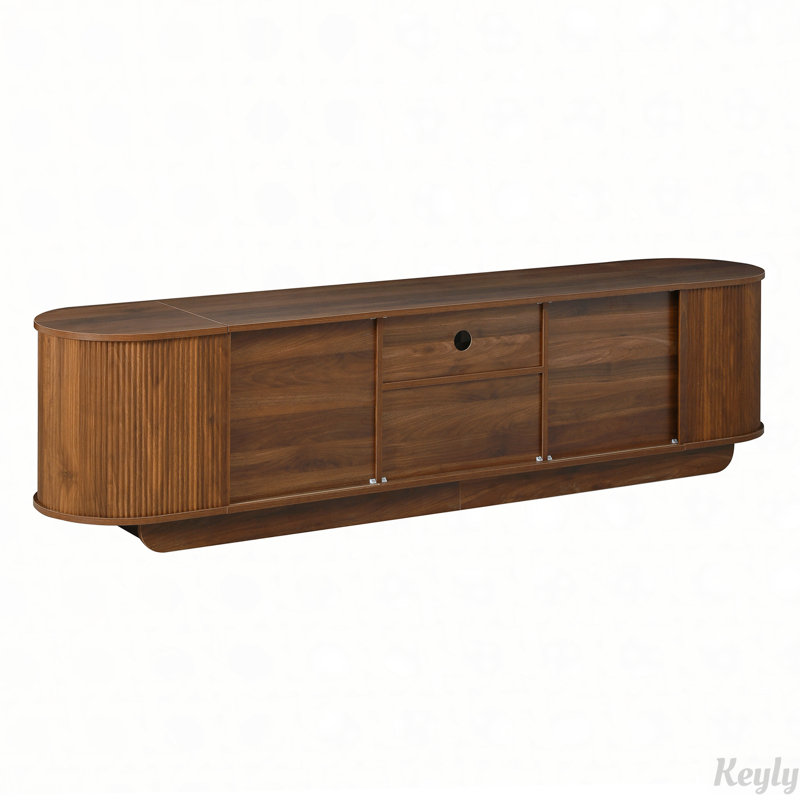 Meuble télé avec tablette ouverte, tiroir, armoires, rangement coulissant caché, coins arrondis, étanche, L 85,5 po