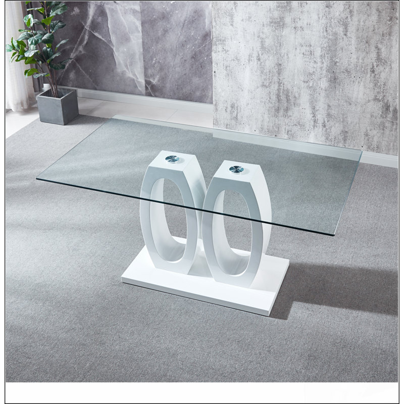 Table de salle à manger contemporaine à double piédestal, plateau en verre trempé avec base en panneau de fibres à densité moyenne