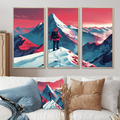 Red Blue Winter Mountain Views Hiking I - Hiking Wall Decor Set