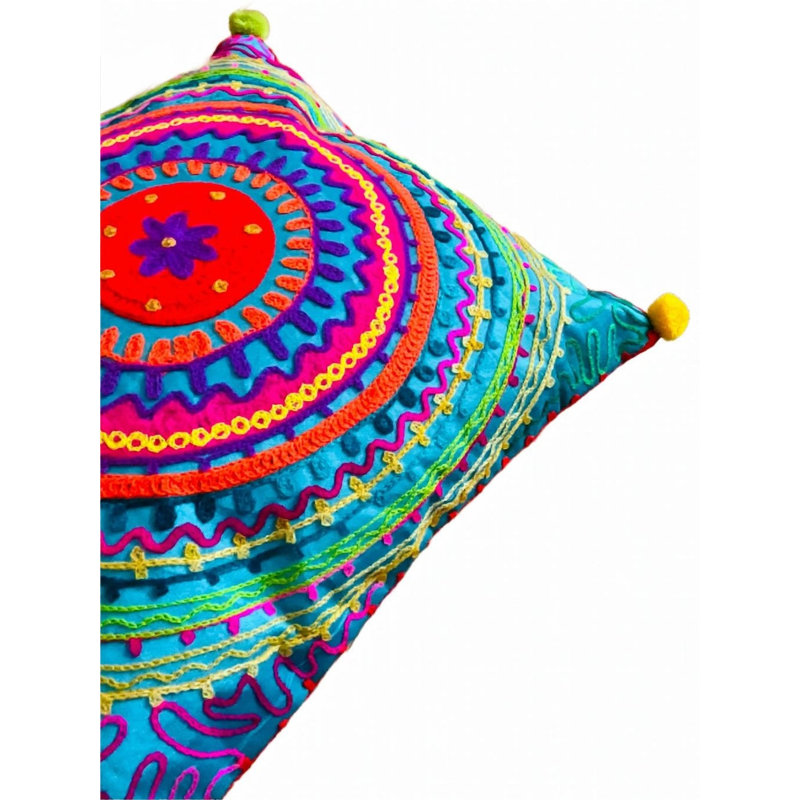 Handmade Embroidered Multi Colour Bohemian Vibrant 40 cm x 40 cm Cushion Covers Three Designs, Turquoise