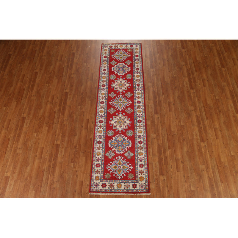 Tapis rouge en laine noué à la main de conception unique 2 pi 9 po x 9 pi 8 po New Age
