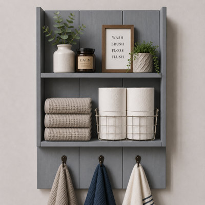 Burkstone Bathroom Shelf with Hooks | Rustic Wall Storage Organizer |Gray