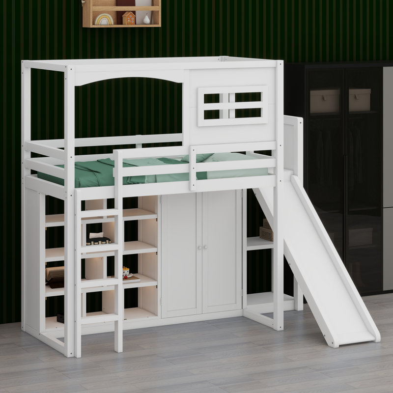 Lit mezzanine avec garde-robe, tablettes de rangement