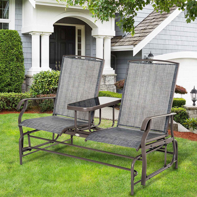 Banc d'extérieur avec table centrale et tissu en filet, Gris