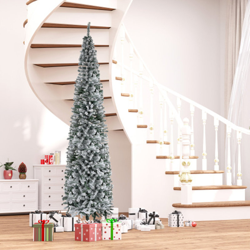 9' Tall Unlit Snow-Flocked Slim Artificial Christmas Tree - Realistic Branches, 1014 Tips, Perfect for Holiday Decor