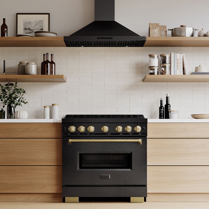 ZLINE Autograph 36 in. Classic Gas DuoPro Range in Satin Steel and Champagne Bronze Accents, Black Stainless Steel