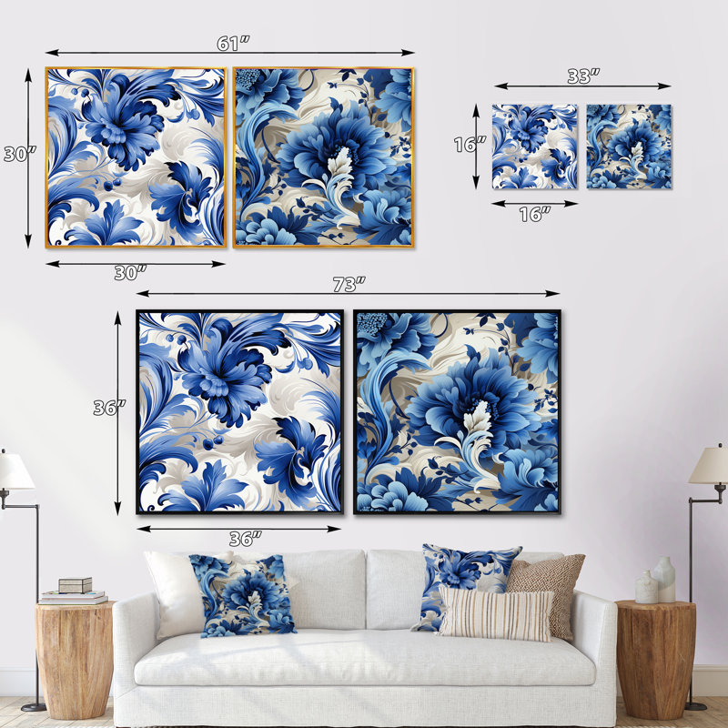 Motif victorien de tourbillons ornementaux bleu cobalt - ensemble de collage carré floral, Toile tendue, H 30 po x l 61 po