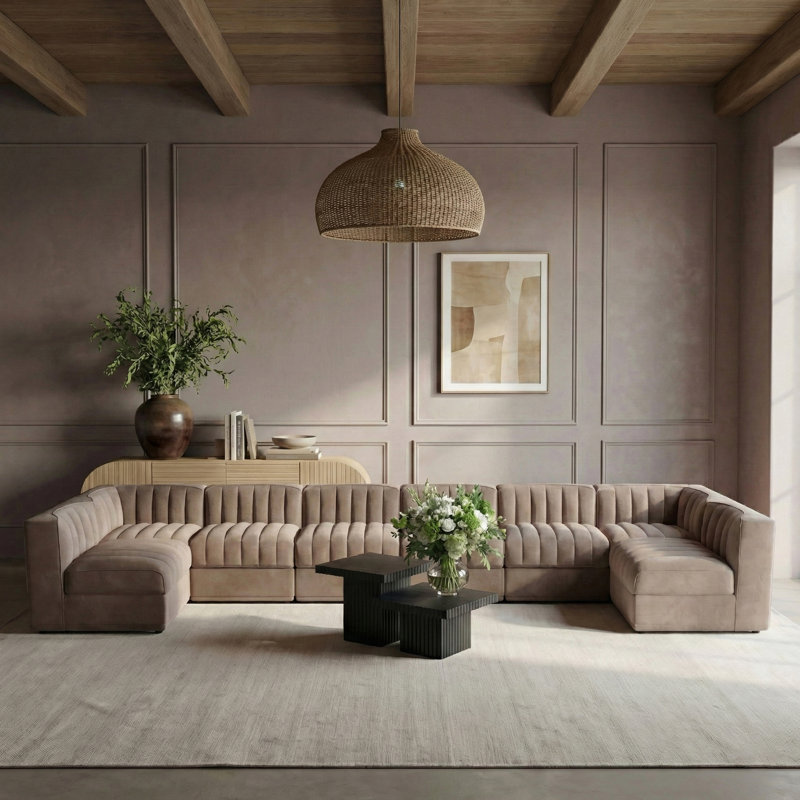 Tissu 8 pièces Demars Velvet Performance Canapé modulaire modulaire, Velours taupe, 27" H x 184" W x 68" D