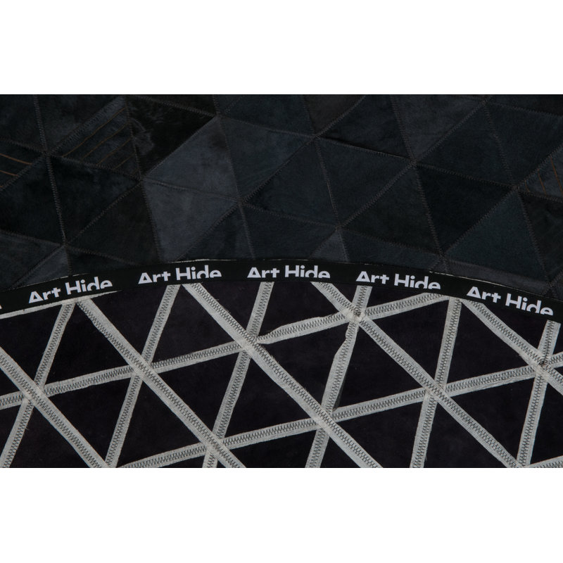 Trilogia Leather Geometric Area Rug in Charcoal, Round 4'11"