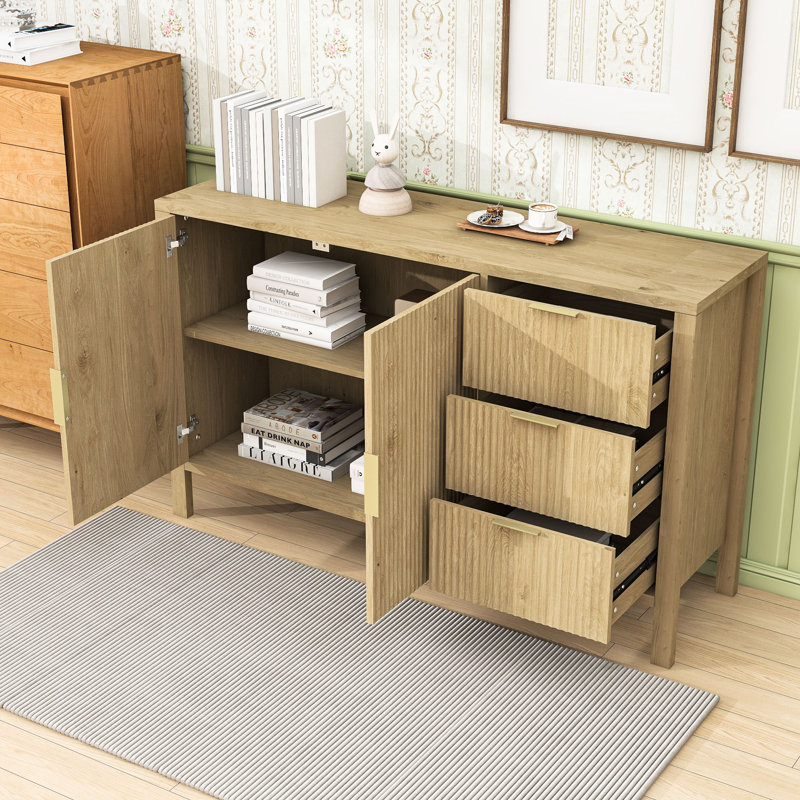 Wave-Pattern Sideboard with Adjustable Shelves, 3 Drawers, Hooks and Extra Center Leg, Natural