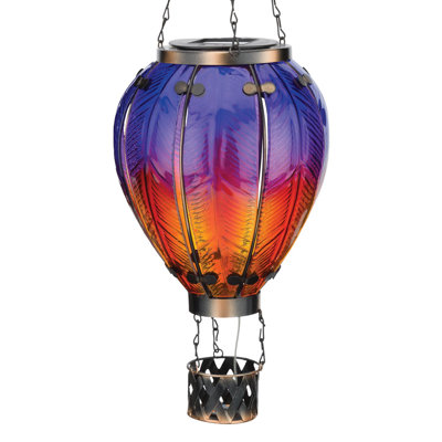 23.5" Hanging Solar Hot Air Balloon Lantern with Glass Panels and Metal Frame
