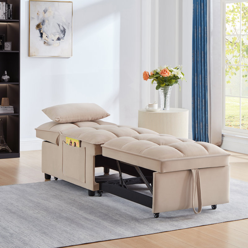 Canapé-lit simple capitonné avec dossier réglable et coussins, méridienne convertible, Taupe