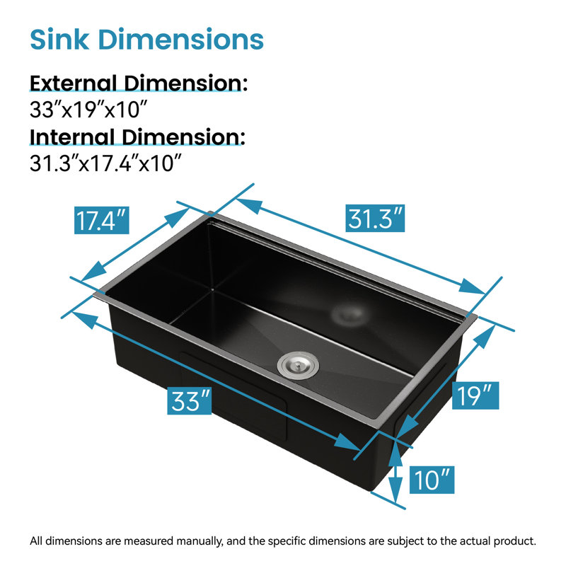 Black Stainless Steel Handmade Sink 33"X19" - R10 Rounded Corners For Aesthetics Kitchenware With Efficient Drainage System And Dish Drying Rack