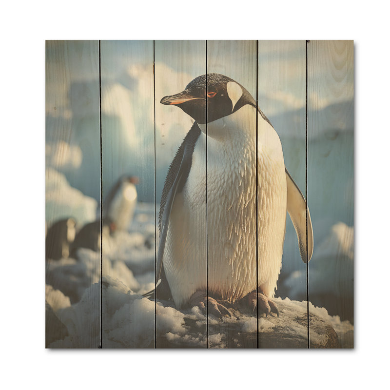 «Snow Dream Penguin Pioneers I», art sur bois de pin pingouin, H 15 po x l 15 po