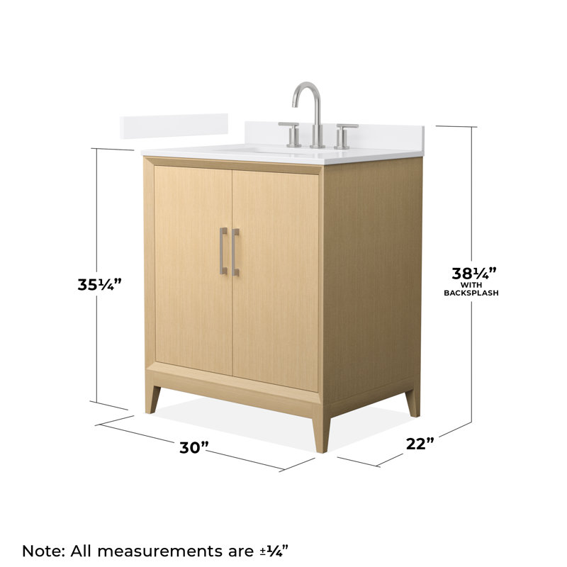 Meuble-lavabo simple autoportant 30 po avec plateau en quartz Janna, Quartz blanc, Nickel brossé, Centres de 8 po