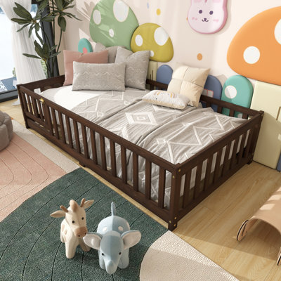Kids Play & Sleep Bed - Low-height Design, Safety Rails, Rotating Door, 7 Reinforced Slats, Easy Assembly