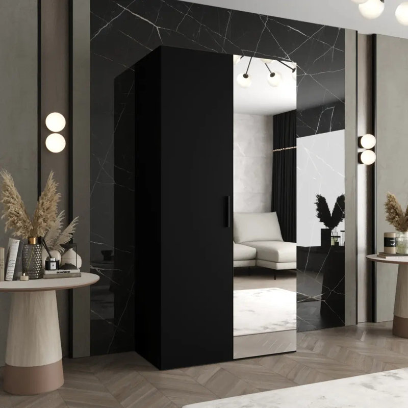 Suphi II Hinged Door Wardrobe 100cm - Bold, Mirrored Sophistication for Compact Spaces, Black