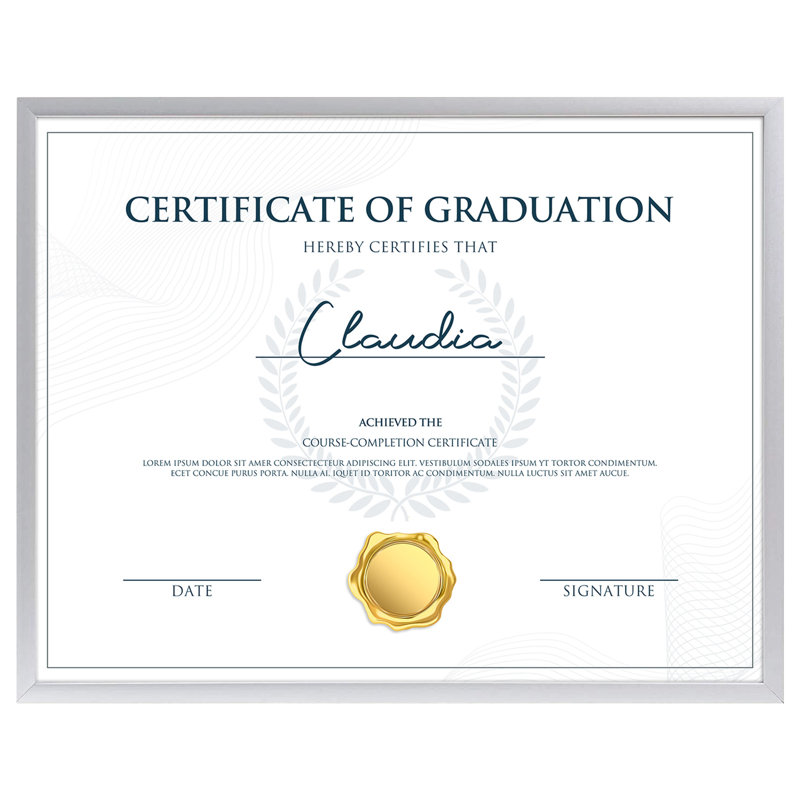 Brookstead 8.5x11 Picture Frame in Silver, Diploma Frame with Real Glass, Wall Tabletop Display