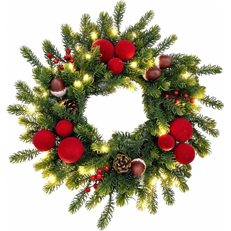 Couronne de Noël pré-illuminée de 50 cm (20 po) avec 20 DEL à piles et 8 modes, design rustique avec pommes de pin pour l'intérieur et l'extérieur