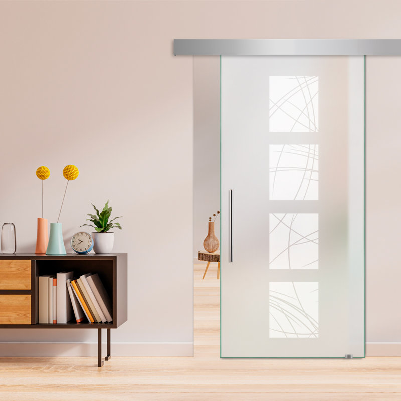 Porte de grange coulissante en verre sans cadre avec conception exclusive et ensemble de quincaillerie (double-privée)
