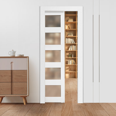 Sliding Pocket Door 30" x 80" 5-Lite Frosted Glass Single Sliding Door
