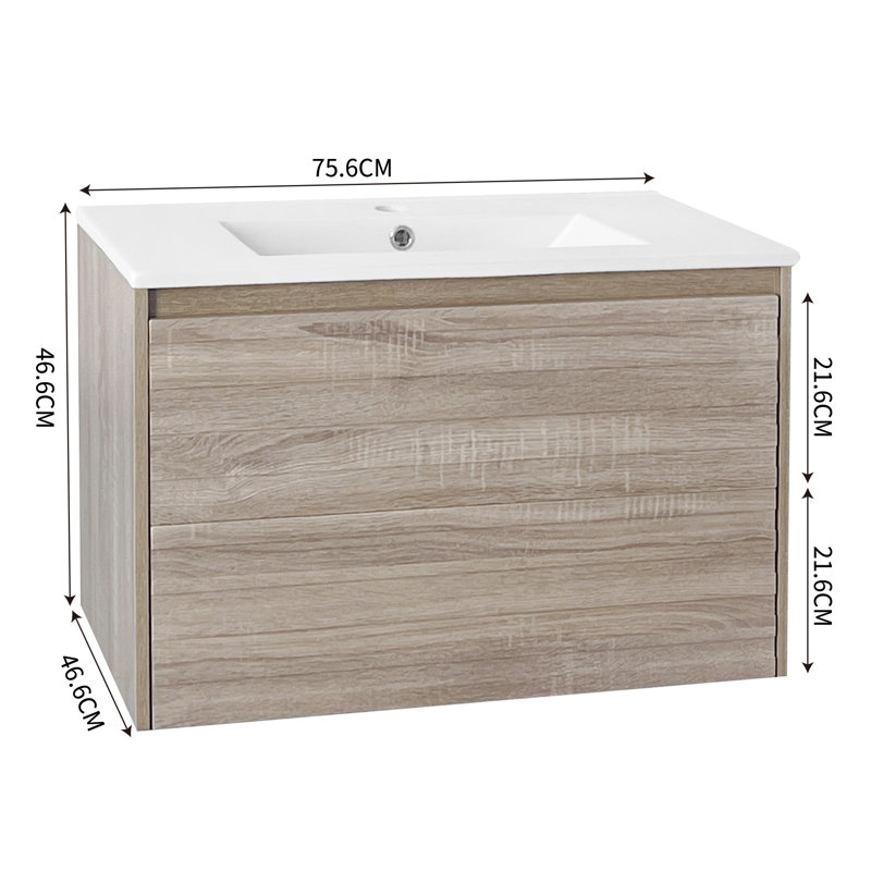 76mm Single Bathroom Vanity with Drop In Ceramic Basin, Light Nature