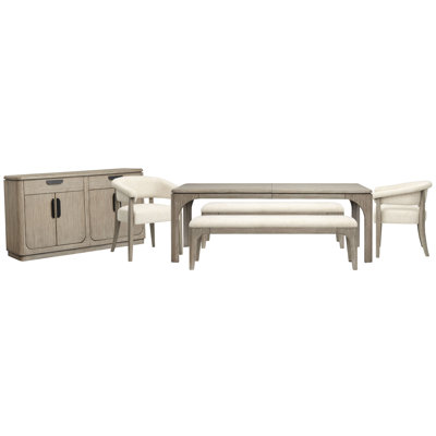 Table de salle à manger extensible rectangulaire avec 2 bancs, 2 chaises et une desserte