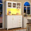 White Farmhouse Sideboard with LED Light Strip & Drink Holders, 4-Door Storage Cabinet for Kitchen/Dining, 105x40x180cm