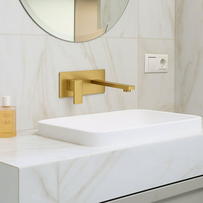 Wall Mount Faucet For Bathroom, Single Handle, 2 Holes, Brushed Gold, Brass Body, Rust - Corrosion , Ceramic Disc Cartridge, Bubble Aerator Spout, Mounted Installation, 1.8 Gpm Water Saving Handle