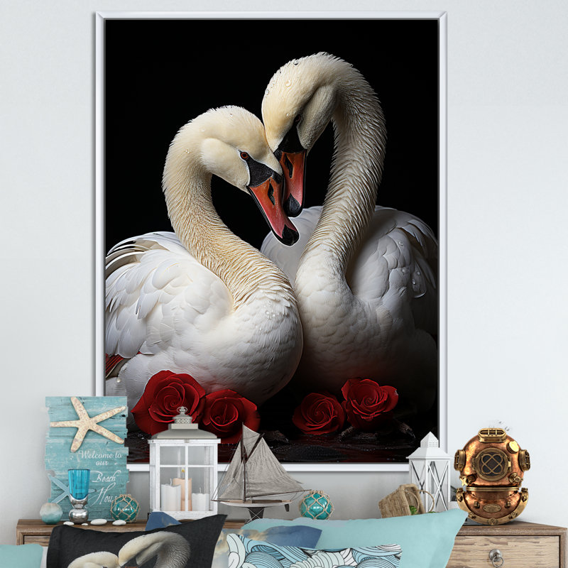 Portrait romantique de cygnes - décoration murale animaux cygnes, Cadre flottant blanc, H 20 po x l 12 po