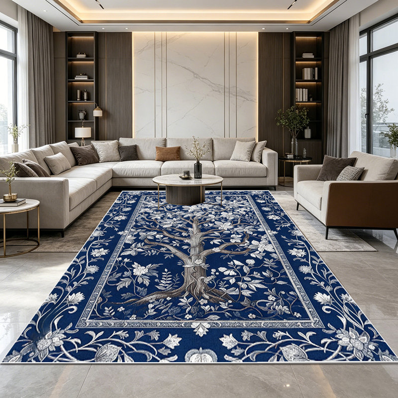 1PC Vintage Navy Blue & White Floral Tree of Life Chinoiserie Botanical area rugs, Soft and Comfortable, easy-to-maintain, machine washable Indoor floor mat, suitable for living room, bedroom, dining room, entryway, kitchen, Home Decor, Outdoor Decor