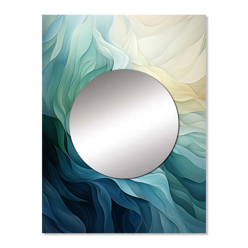 Piane vert et blanc Sway Wave Serenity IV - grand miroir mural géométrique, miroir unique vert, impression sur métal
