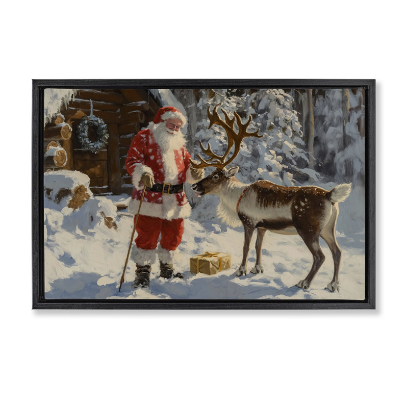 Père Noël avec une scène de renne par Imagine It Images, Cadre flottant noir de jais, H 17 po x l 25 po x P 1,7 po