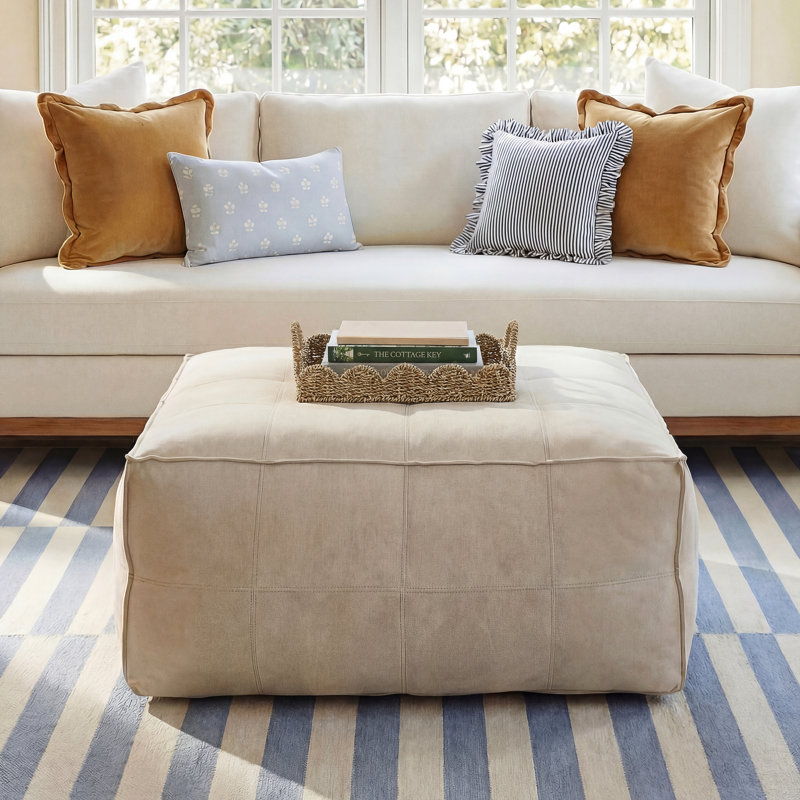 Sharita Brown Leather Low Profile Square Stuffed Pouf with Patchwork Design, Brown Genuine Leather