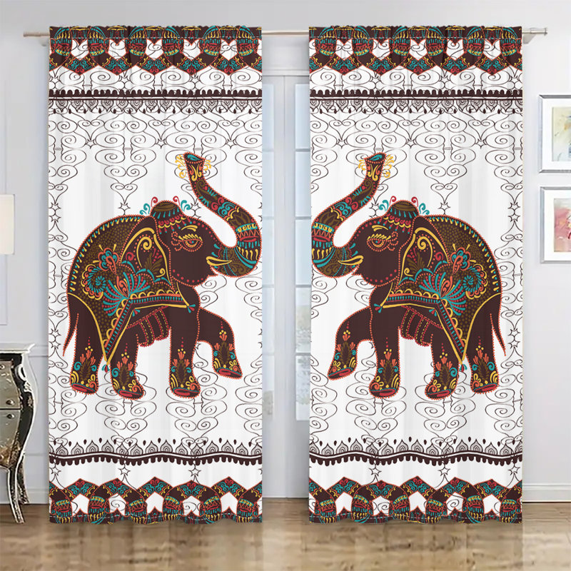 2Pcs Indian Elephant Print Curtains Bohemian Style Rod Pocket Window Drapes Colorful Mandala Pattern Background Polyester Material Living Room Bedroom Dining Kitchen Home Decor