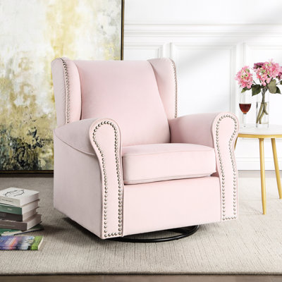 Chaise pivotante rose, revêtement en tissu, base en bois massif et en composite, assise en mousse à haute densité à ressorts ensachés, coussin amovible, siège pivotant à 360 degrés, garniture cloutée, siège rembourré de 20 po