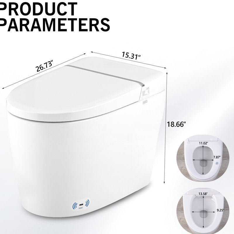 Smart Toilet With Night , Heated Seat, Self-Cleaning Nozzle, Off Flush, Soft Close, Auto Flush Ceramic Blackout Remote Control,
