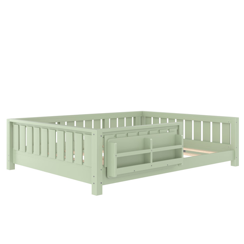 Lit double avec bibliothèque intégrée, garde-corps de sécurité et plancher à profil bas, beige, Beige, Lit double