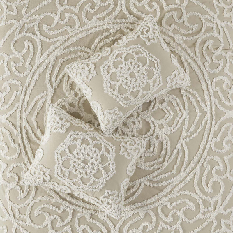 Tufted Cotton Chenille Medallion Fringe Coverlet Mini Set Taupe Full