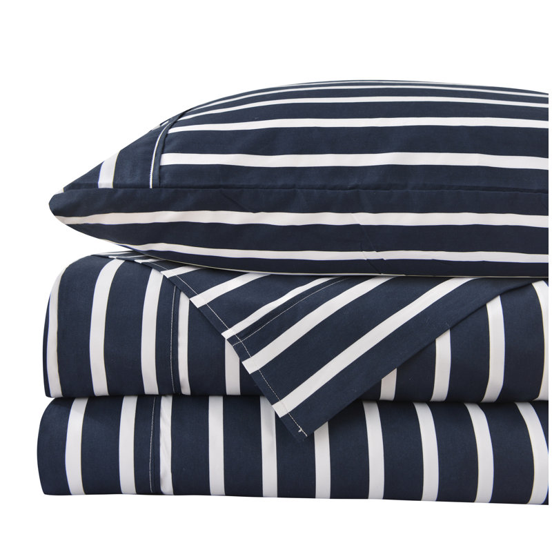 Ensemble de draps rayés en microfibre, Bleu marine/blanc, Ensemble de draps pour lit simple + drap-housse + 