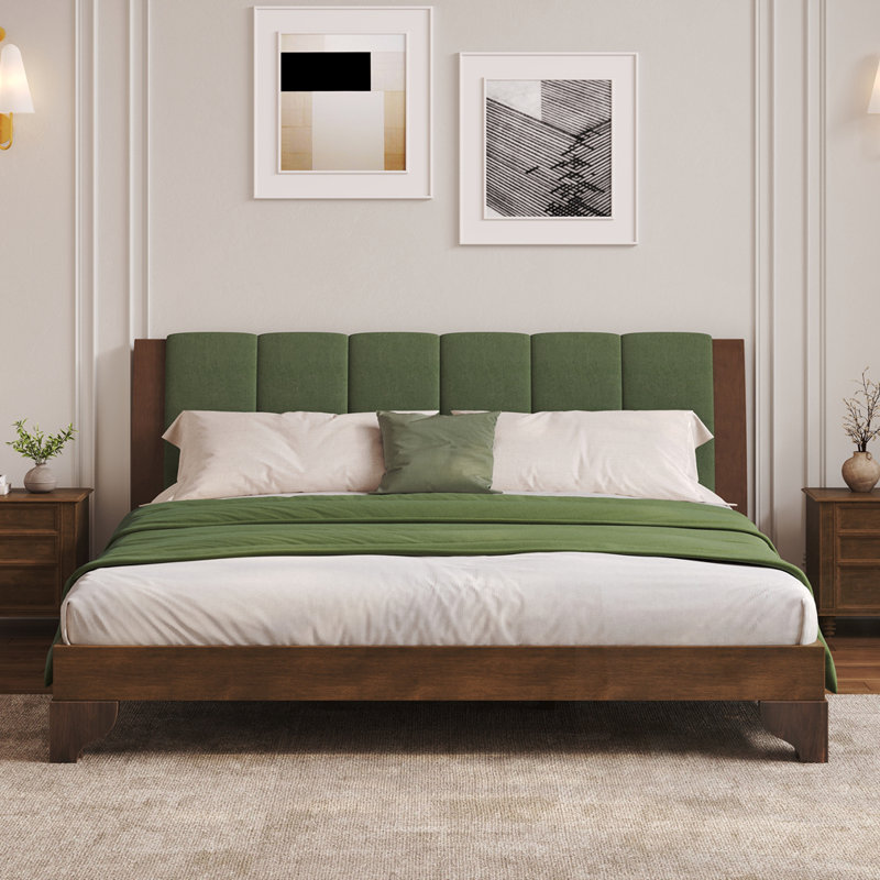 Base de lit en bois avec tête de lit Mid-Century, Très grand, Noyer / vert