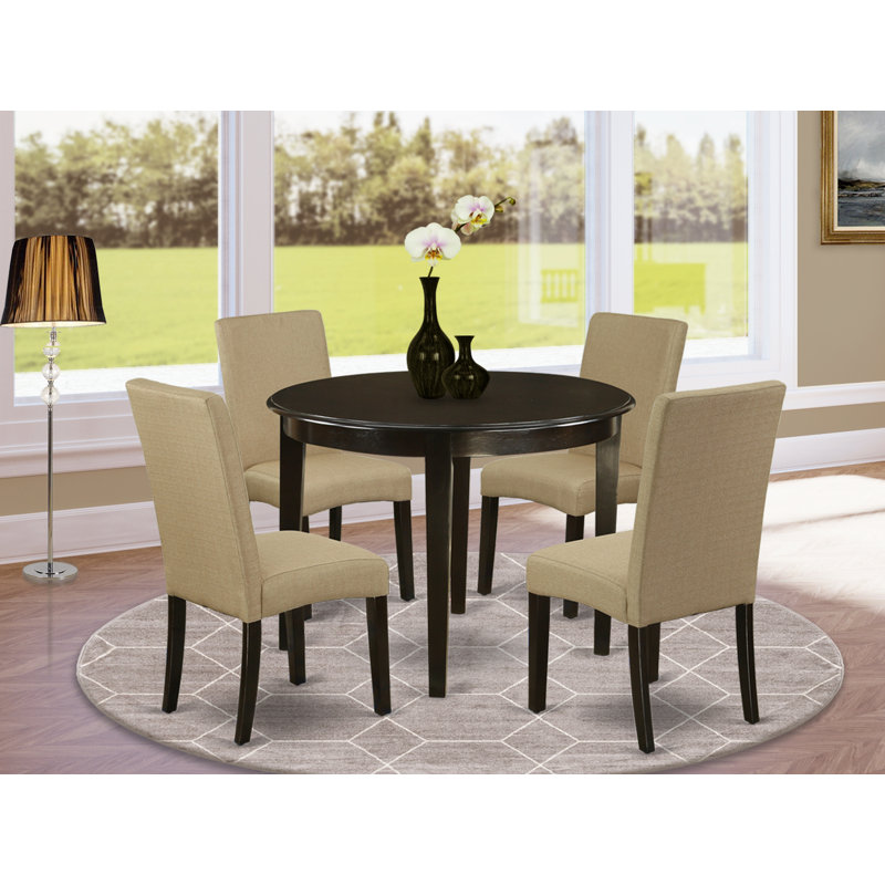 5 Piece Dining Table Set for 4 Includes a Round Kitchen Table and 4 Brown Linen Fabric Parson Dining Chairs, 42x42 Inch, Cappuccino