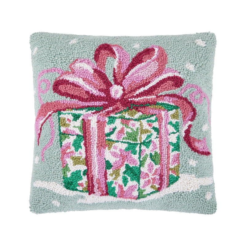 Coussin en laine crocheté rose et vert, Présent 16 x 16 po