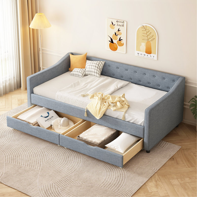 Lit de jour simple avec tiroirs, canapé-lit capitonné, avec boutons sur le dos et passepoil sur les accoudoirs ondulés - Gris clair